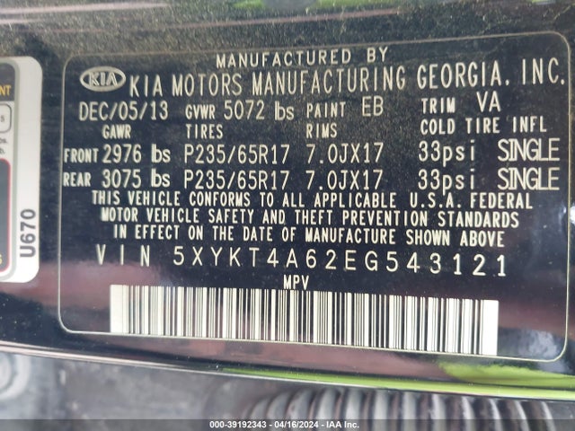 KIA SORENTO LX 2014 5XYKT4A62EG543121 Image 9