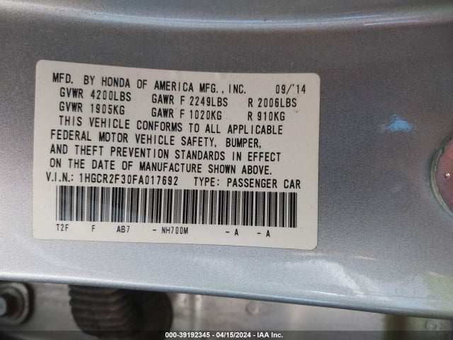 Honda ACCORD LX 2015 1HGCR2F30FA017692 Image 9