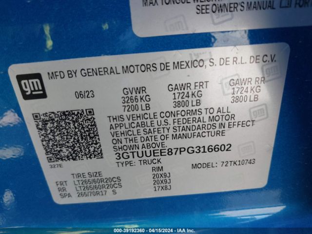 3GTUUEE87PG316602 GMC Sierra 1500 4wd  Standard Box At4