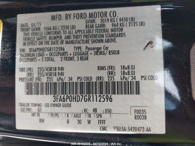 Ford FUSION SE 2016 3FA6P0HD7GR112596 Image 9