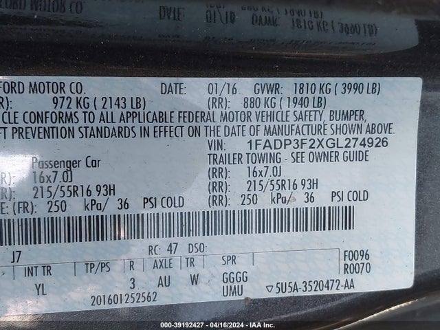 Ford FOCUS SE 2016 1FADP3F2XGL274926 Image 9