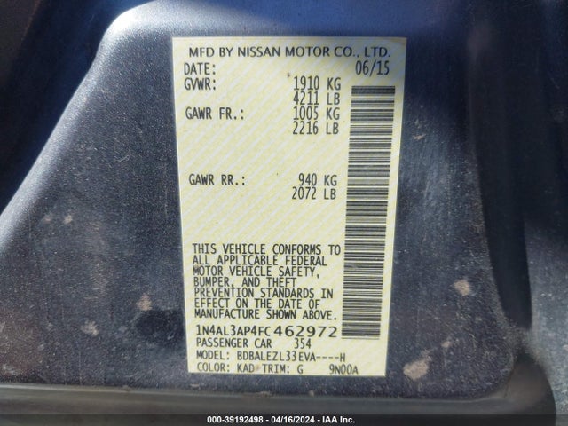 Nissan Altima 2.5 S 2015 1N4AL3AP4FC462972 Image 9