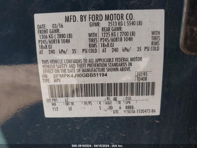 Ford EDGE SEL 2016 2FMPK4J90GBB51194 Image 9