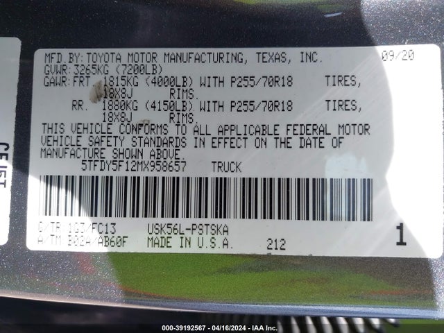 Toyota Tundra Sr5 2021 5TFDY5F12MX958657 Image 9