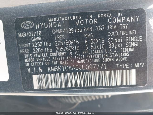 KM8K1CAA0JU097771 Hyundai Kona Se