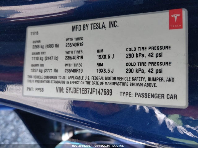 Tesla Model 3 Long Range/performance 2018 5YJ3E1EB7JF147689 Image 8