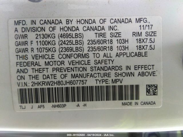 2HKRW2H80JH607757 Honda Cr-v Ex-l/ex-l Navi