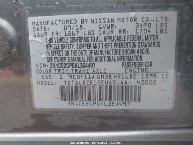3N1CE2CP0KL354497 Nissan Versa Note Sv