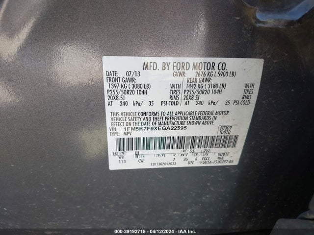 Ford Explorer Limited 2014 1FM5K7F9XEGA22595 Image 9