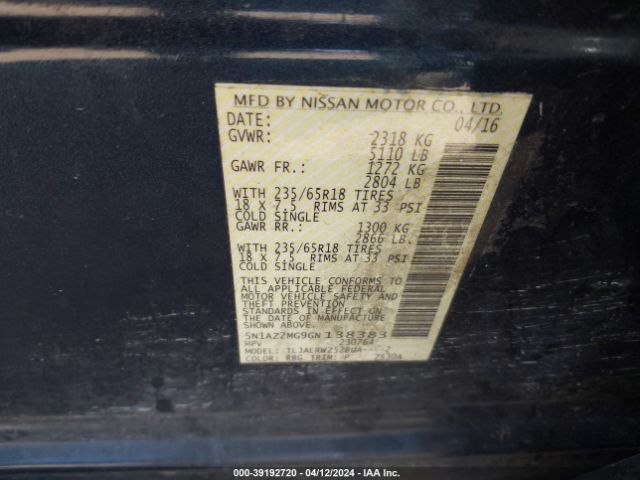 5N1AZ2MG9GN138383 Nissan MURANO SL