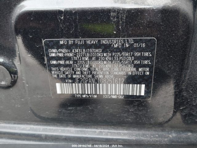 JF2GPANC1G8251612 Subaru Crosstrek 2.0i Limited