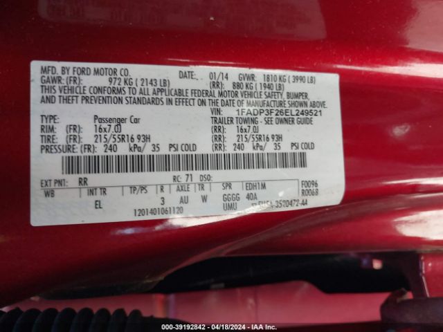 1FADP3F26EL249521 Ford FOCUS SE