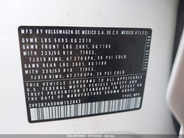 3VV2B7AX0NM152843 Volkswagen Tiguan 2.0t Se