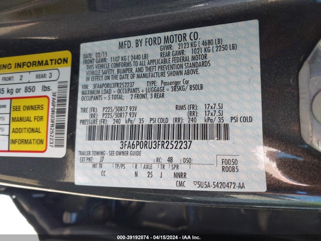 Ford Fusion Hybrid Titanium 2015 3FA6P0RU3FR252237 Image 9