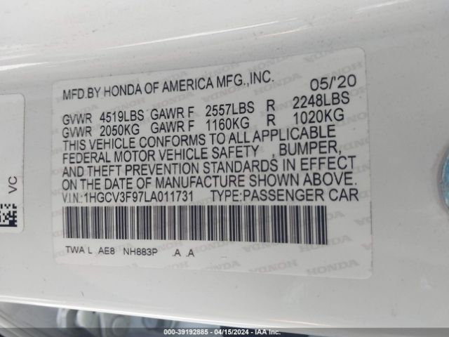 1HGCV3F97LA011731 Honda Accord Hybrid Touring