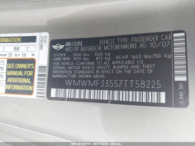 2007 MINI COOPER WMWMF33557TT58225 Photo 8