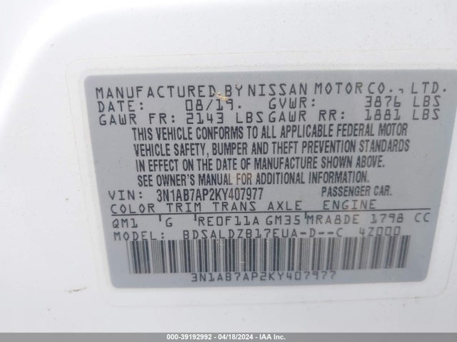 Nissan SENTRA SV 2019 3N1AB7AP2KY407977 Image 9