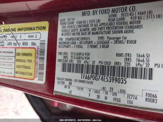 Ford FUSION S 2014 1FA6P0G74E5399035 Image 9