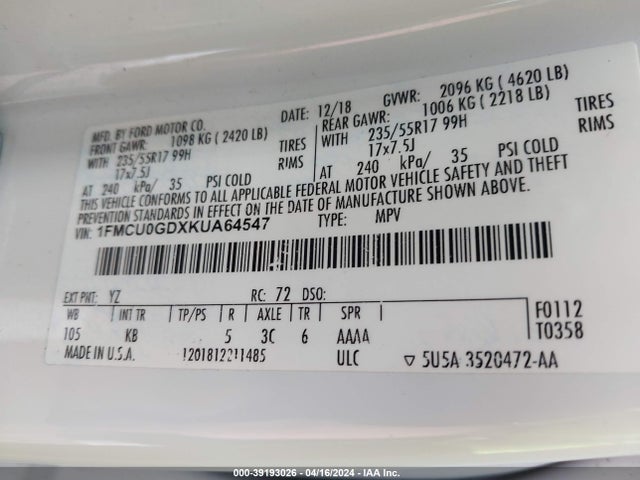 Ford ESCAPE SE 2019 1FMCU0GDXKUA64547 Image 9