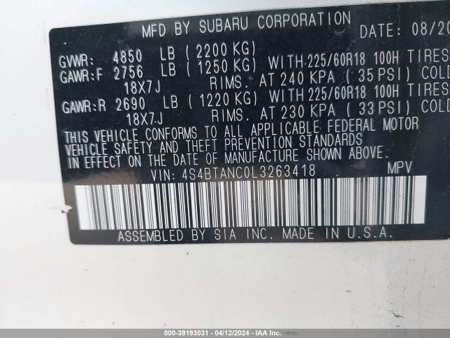 Subaru Outback Limited 2020 4S4BTANC0L3263418 Image 9