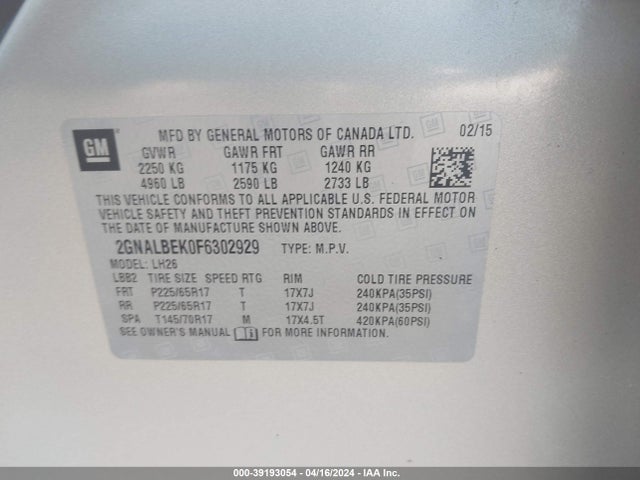 Chevrolet EQUINOX 1LT 2015 2GNALBEK0F6302929 Image 9