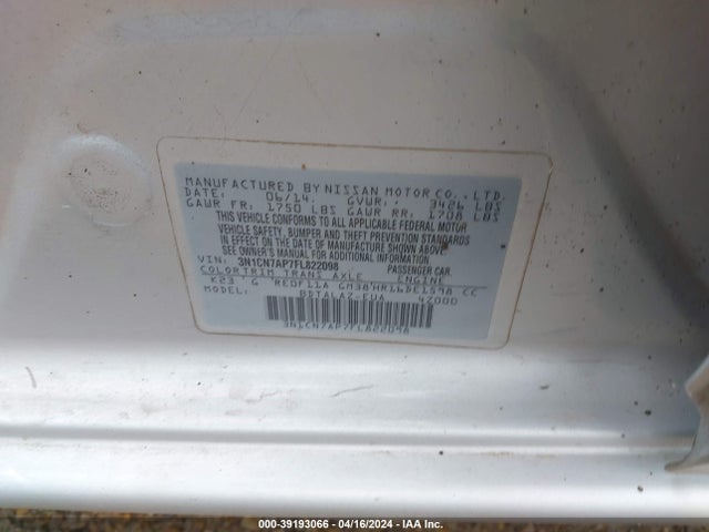 Nissan Versa 1.6 S+ 2015 3N1CN7AP7FL822098 Image 9
