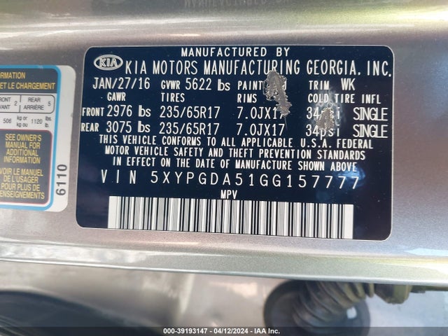 KIA Sorento 3.3l Lx 2016 5XYPGDA51GG157777 Image 9