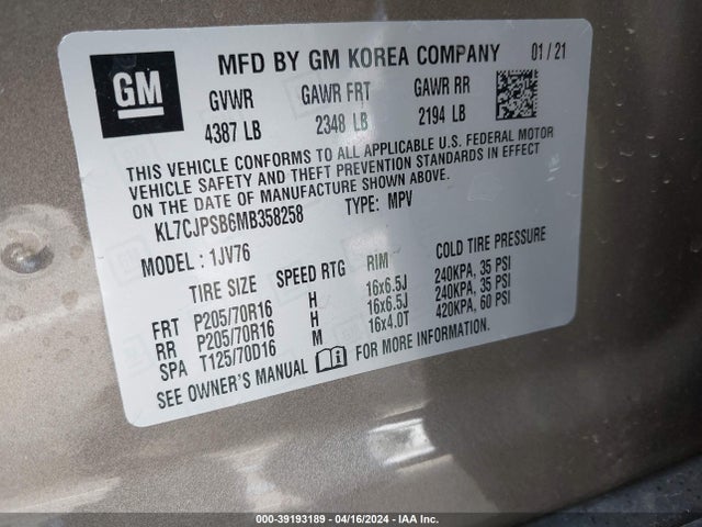 Chevrolet Trax Awd Lt 2021 KL7CJPSB6MB358258 Image 9