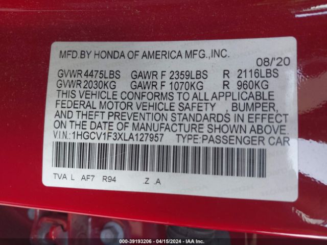 1HGCV1F3XLA127957 Honda Accord Sport