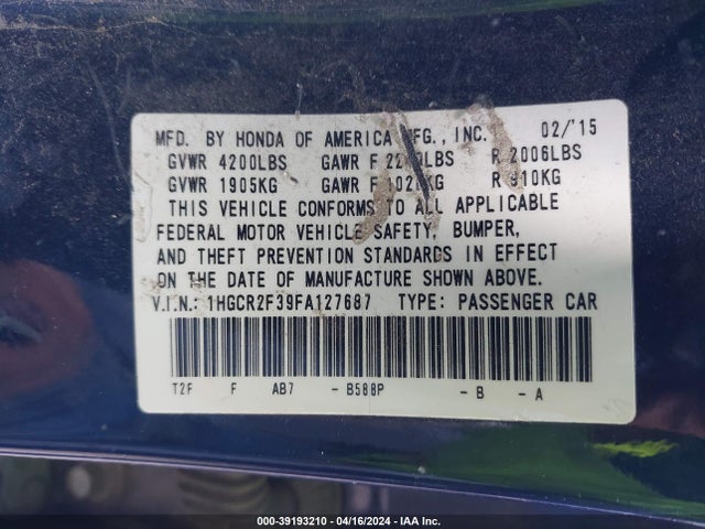 Honda ACCORD LX 2015 1HGCR2F39FA127687 Image 9