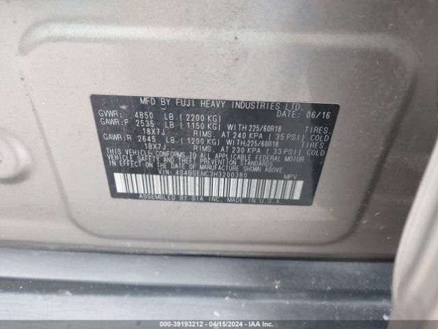 4S4BSENC3H3200380 Subaru Outback 3.6r Limited