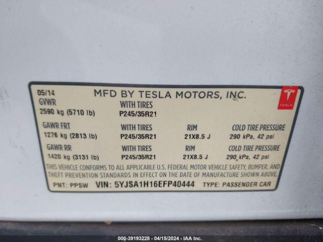 5YJSA1H16EFP40444 Tesla Model S P85