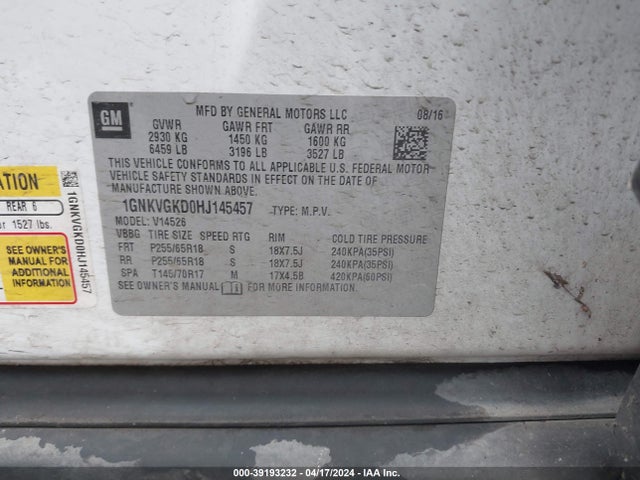 Chevrolet Traverse 1lt 2017 1GNKVGKD0HJ145457 Image 9