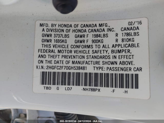 Honda CIVIC EX 2016 2HGFC2F70GH538481 Image 9