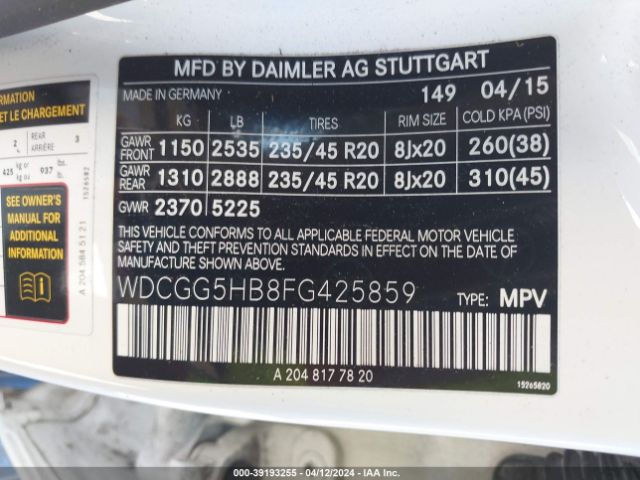 WDCGG5HB8FG425859 Mercedes-Benz GLK 350