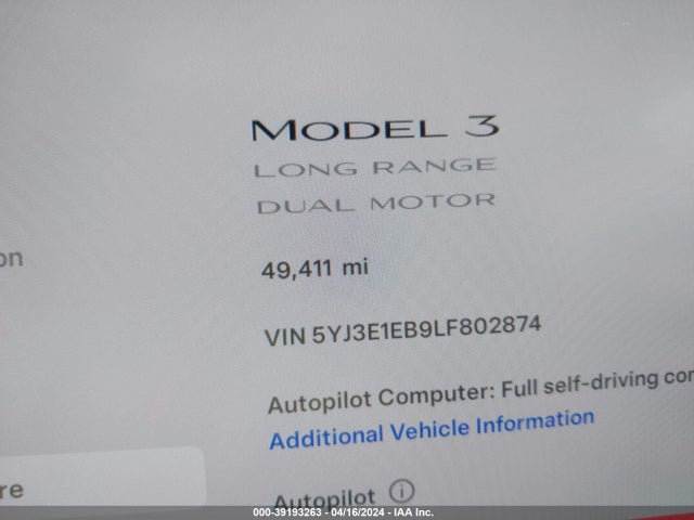 Tesla Model 3 Long Range Dual Motor All-wheel Drive 2020 5YJ3E1EB9LF802874 Image 15