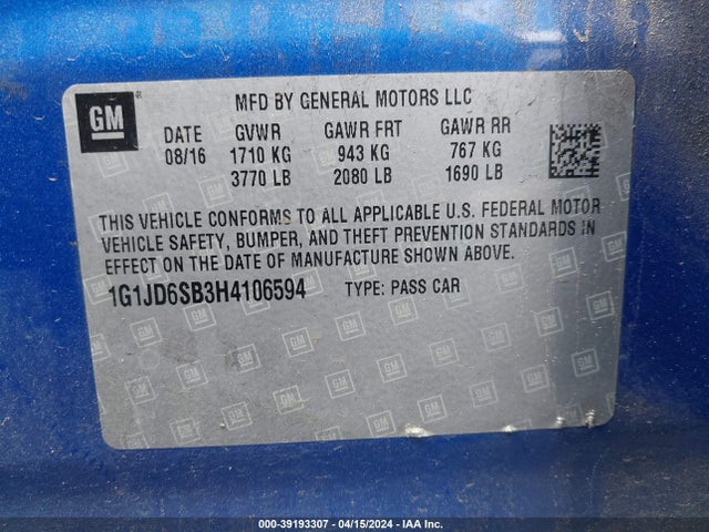 Chevrolet Sonic Lt Auto 2017 1G1JD6SB3H4106594 Image 9