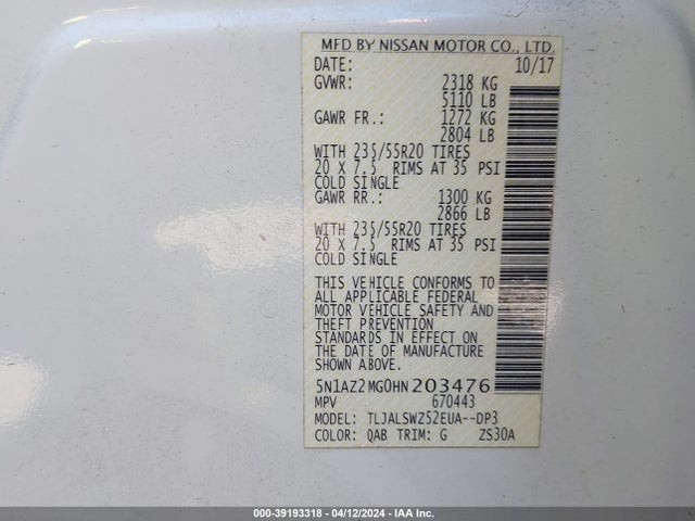 Nissan Murano Platinum 2017 5N1AZ2MG0HN203476 Image 9