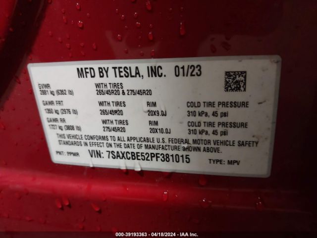 7SAXCBE52PF381015 Tesla Model X Dual Motor All-wheel Drive/standard Range