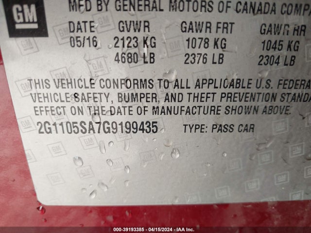 Chevrolet IMPALA 1LT 2016 2G1105SA7G9199435 Image 9