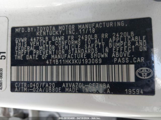 4T1B11HKXKU193069 Toyota CAMRY LE