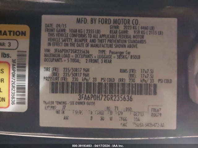 Ford FUSION SE 2016 3FA6P0H72GR235636 Image 9