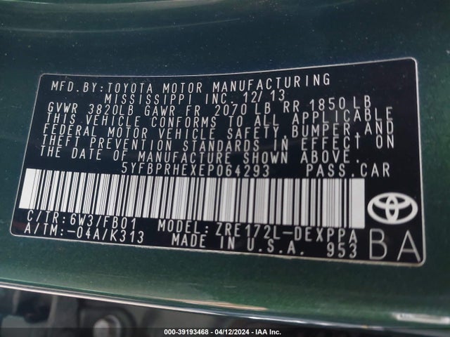 Toyota Corolla Le Eco Plus 2014 5YFBPRHEXEP064293 Image 9