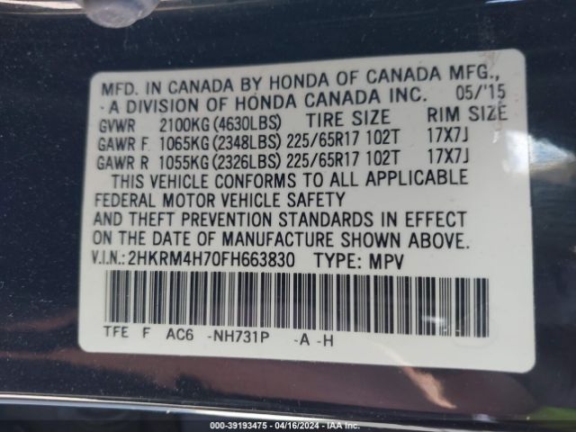 2HKRM4H70FH663830 Honda Cr-v Ex-l