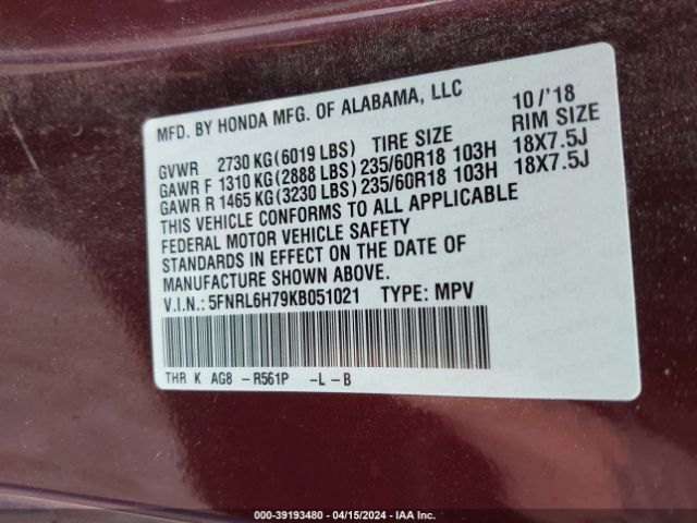 5FNRL6H79KB051021 Honda Odyssey Ex-l