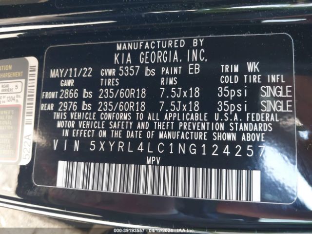 5XYRL4LC1NG124257 KIA SORENTO S