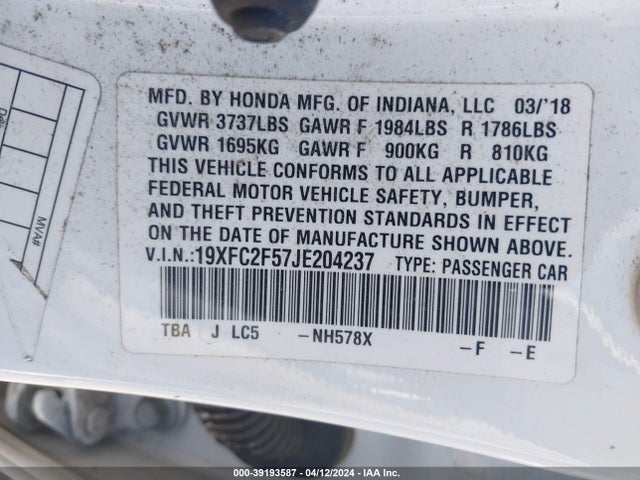 Honda Civic Lx 2018 19XFC2F57JE204237 Image 9