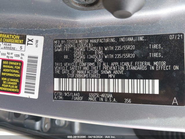 Toyota Highlander Platinum 2021 5TDFZRBH3MS138822 Image 9
