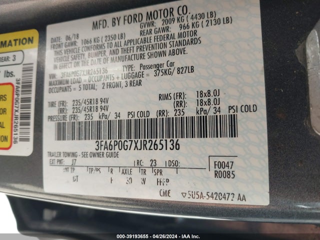 Ford FUSION S 2018 3FA6P0G7XJR265136 Image 9