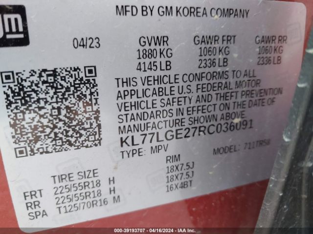 KL77LGE27RC036091 Chevrolet Trax Fwd 1rs